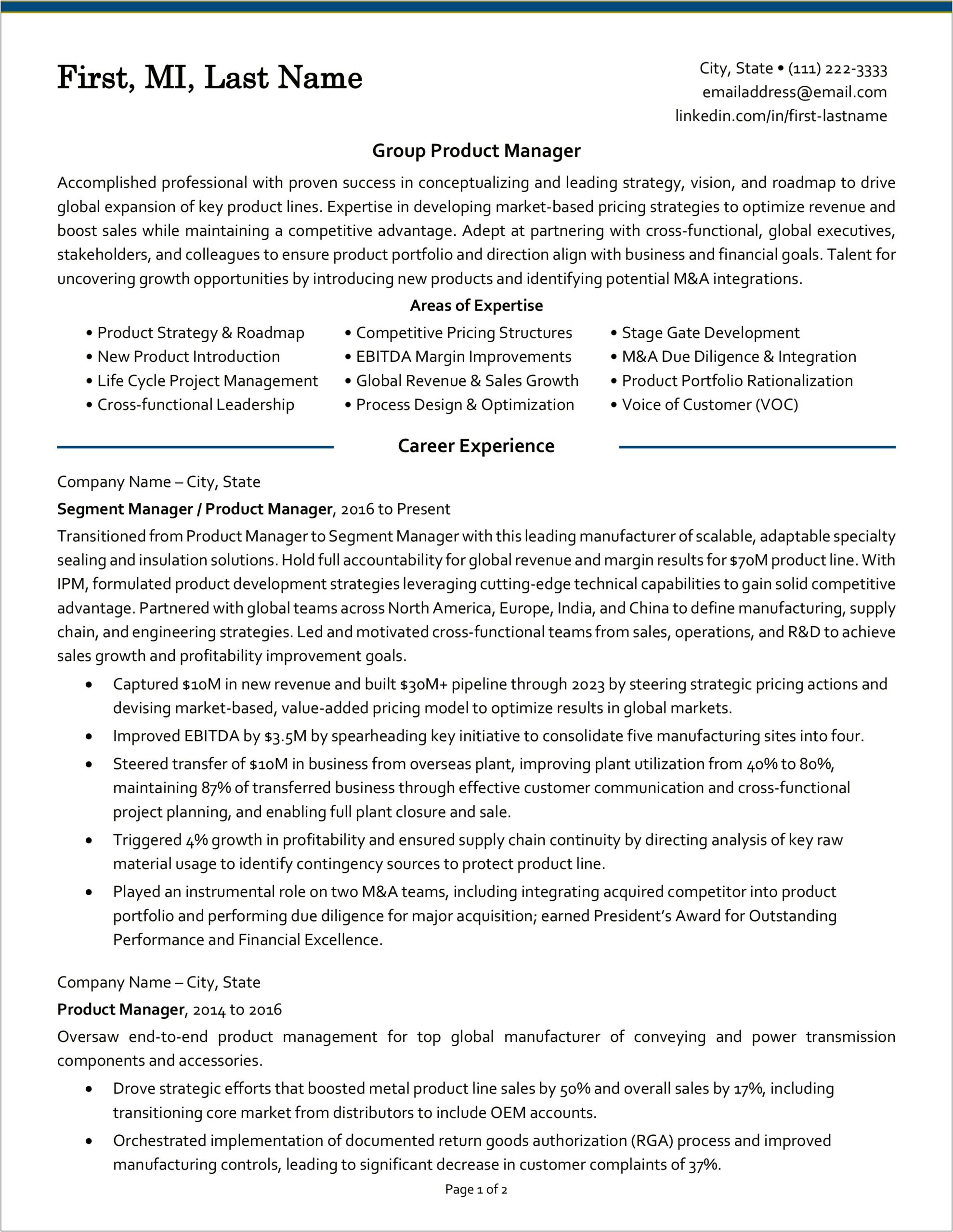 Sample Perfect One Page Resume