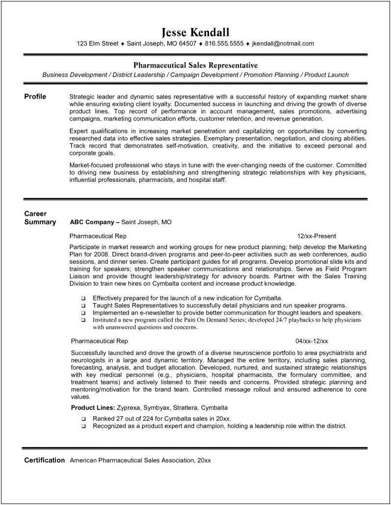 Sample Pharmaceutical Sales Resume No Experience