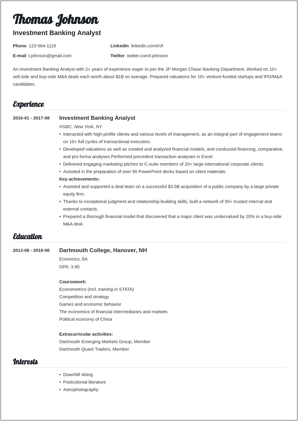 Sample Post Investment Banking Resume