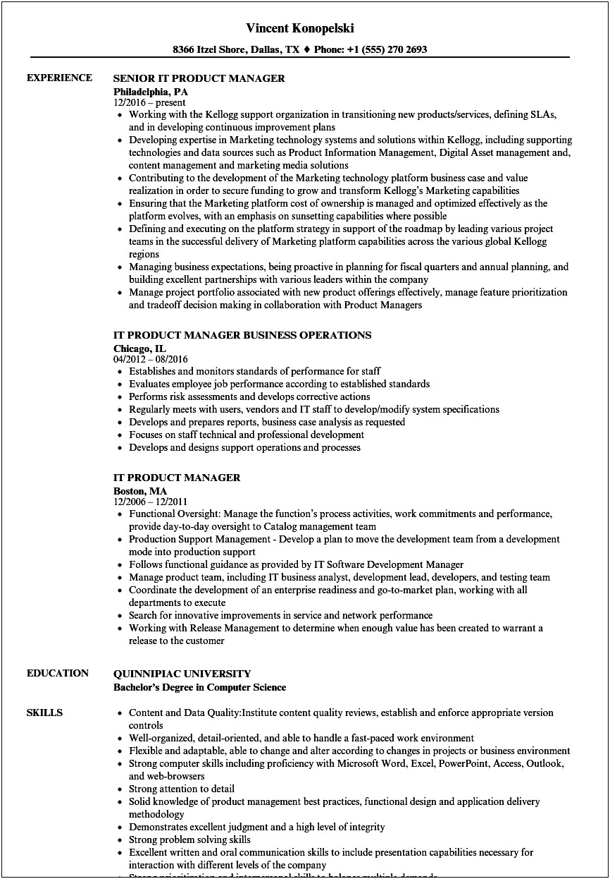 Sample Product Manager Resume 2016