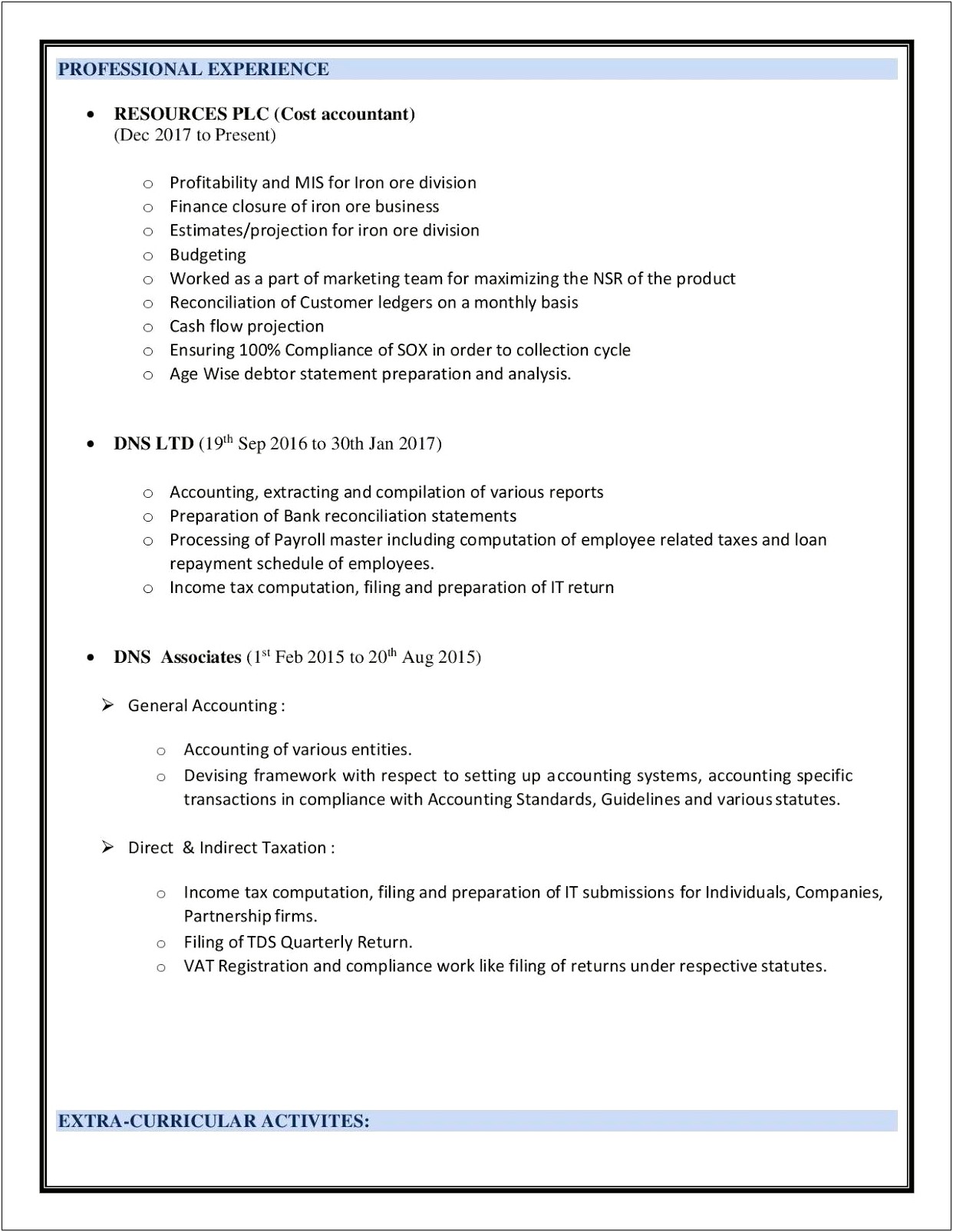 Sample Professional Resume For Cost Accountant