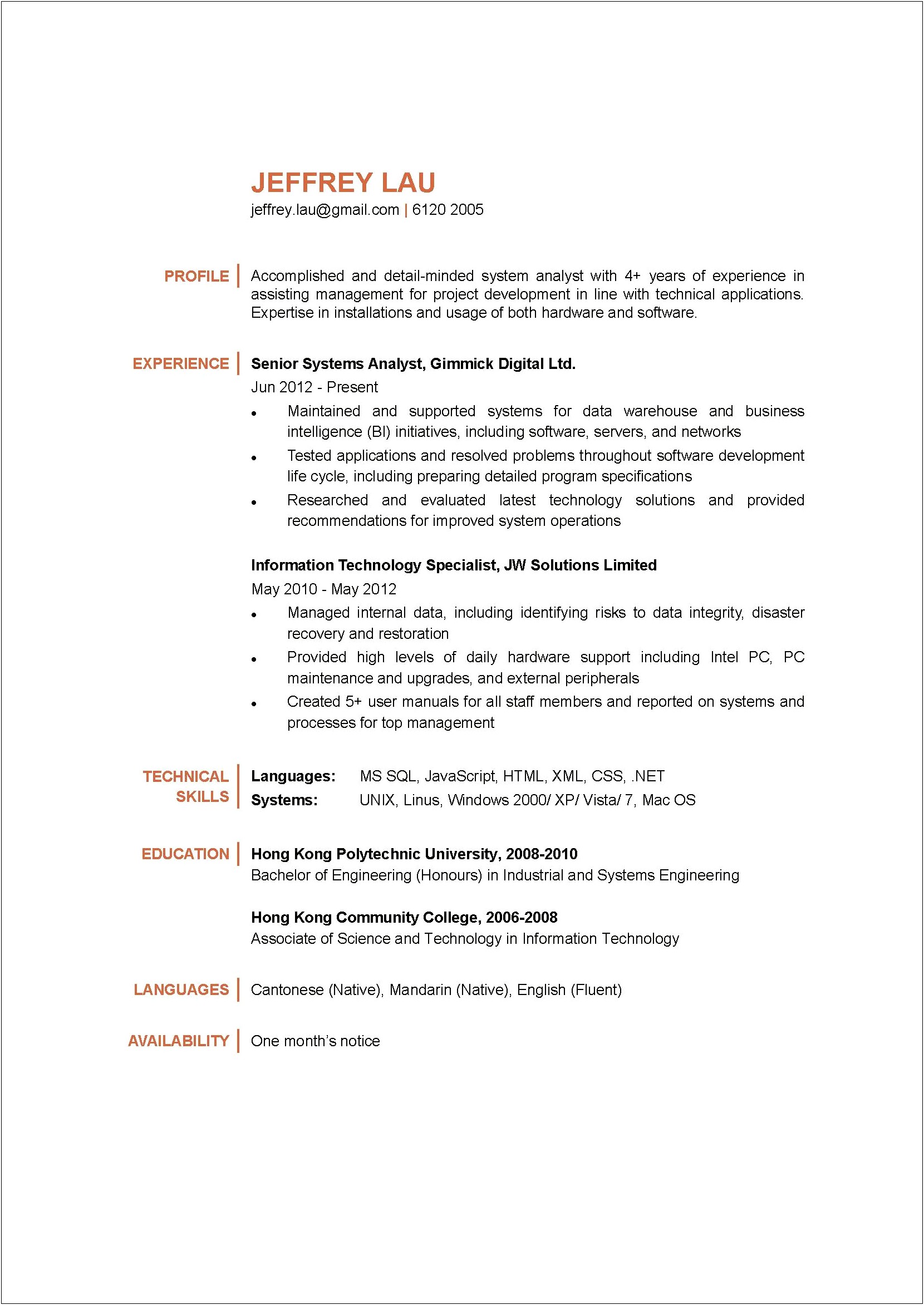 Sample Professional System Analyst Resumes