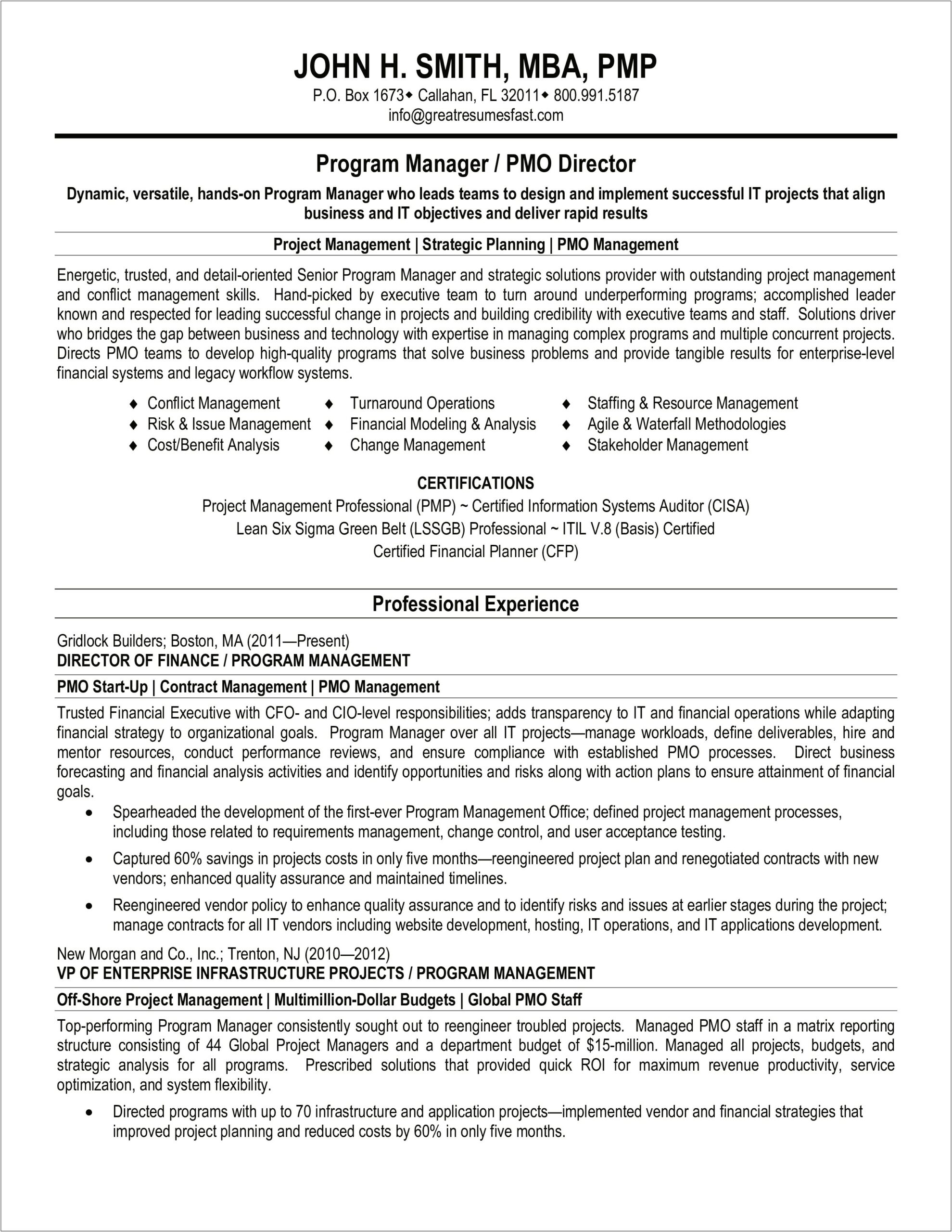 Sample Program Manager Resume Pdf