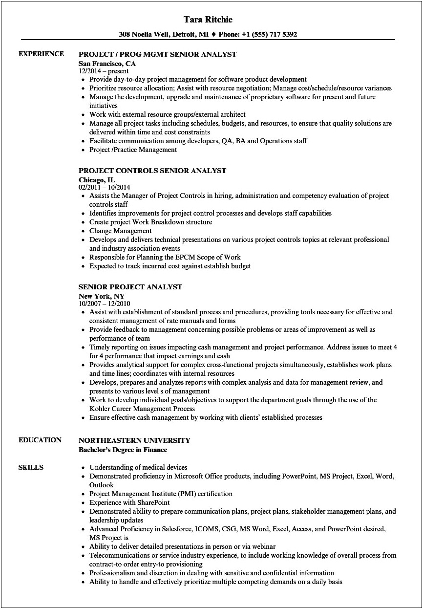 Sample Project Control Analyst Resume