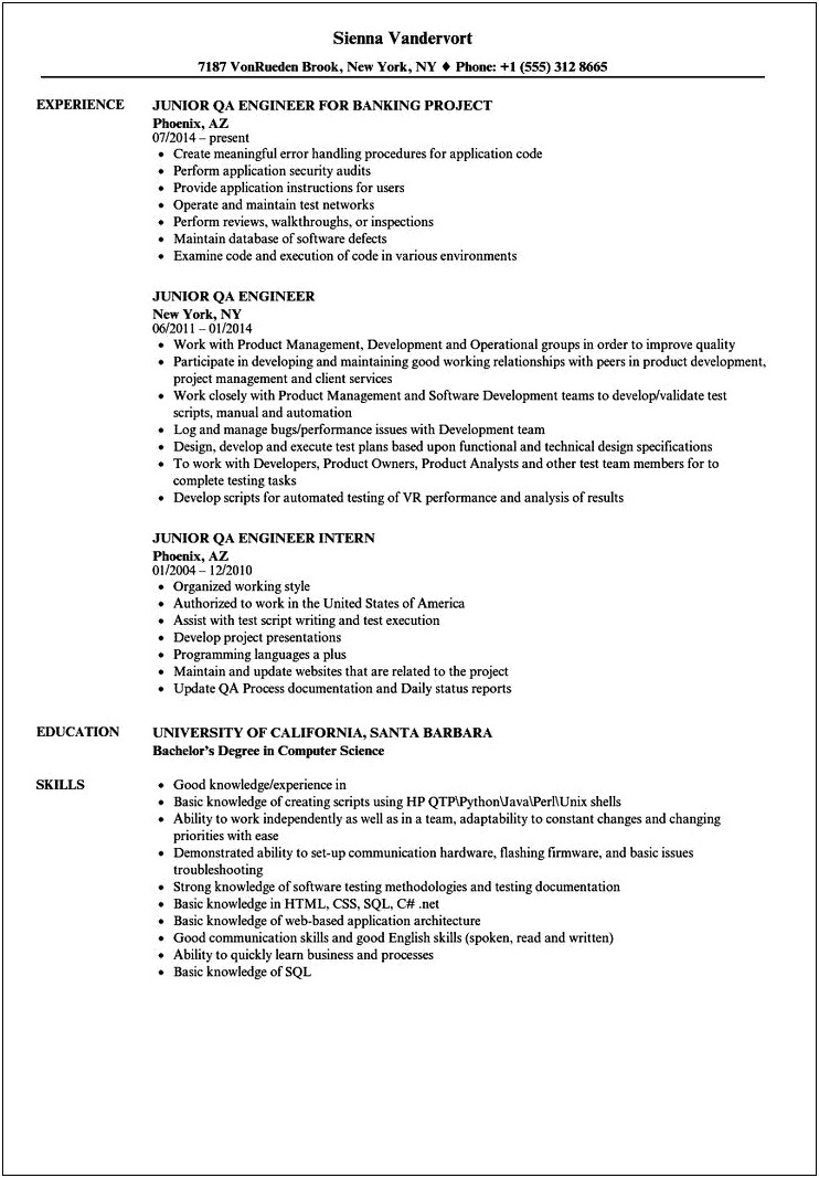 Sample Qa Resume With Banking Experience