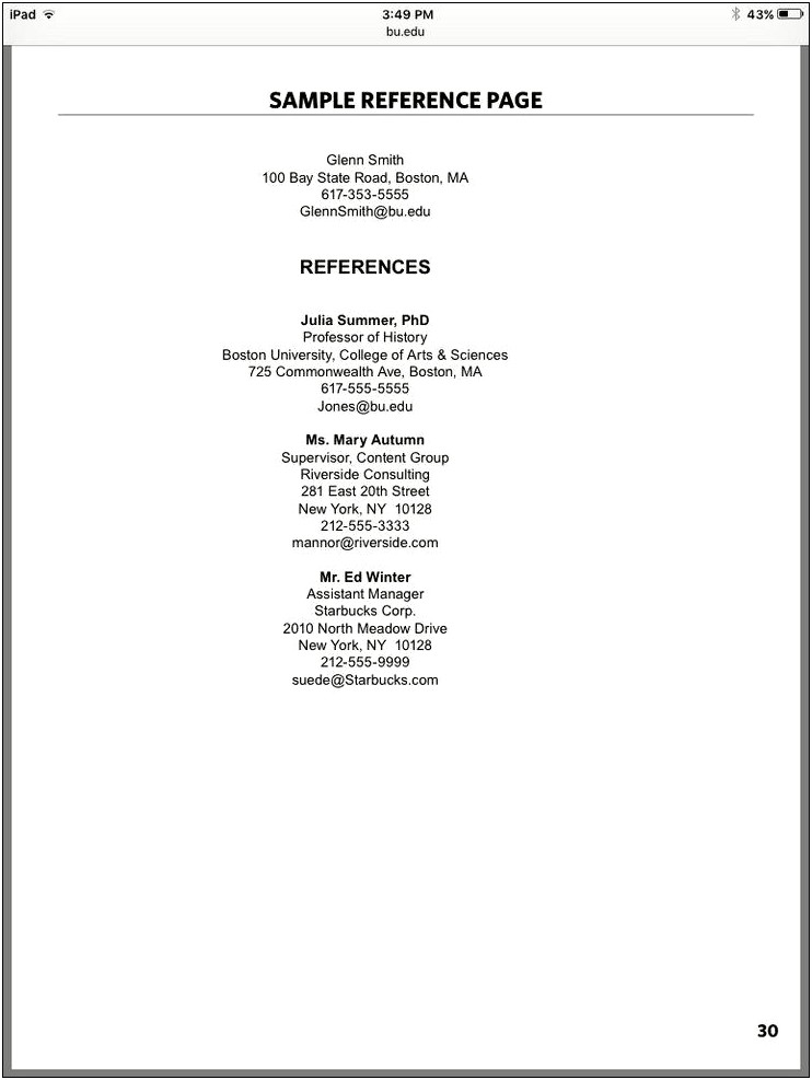 Sample Reference List For Teacher Resume