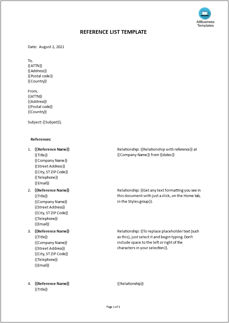 Sample Reference List Template For Resume