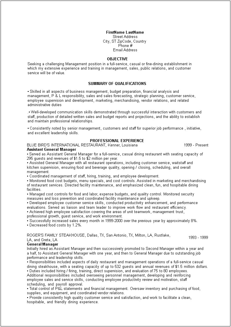 Sample Restaurant Project Managers Resume