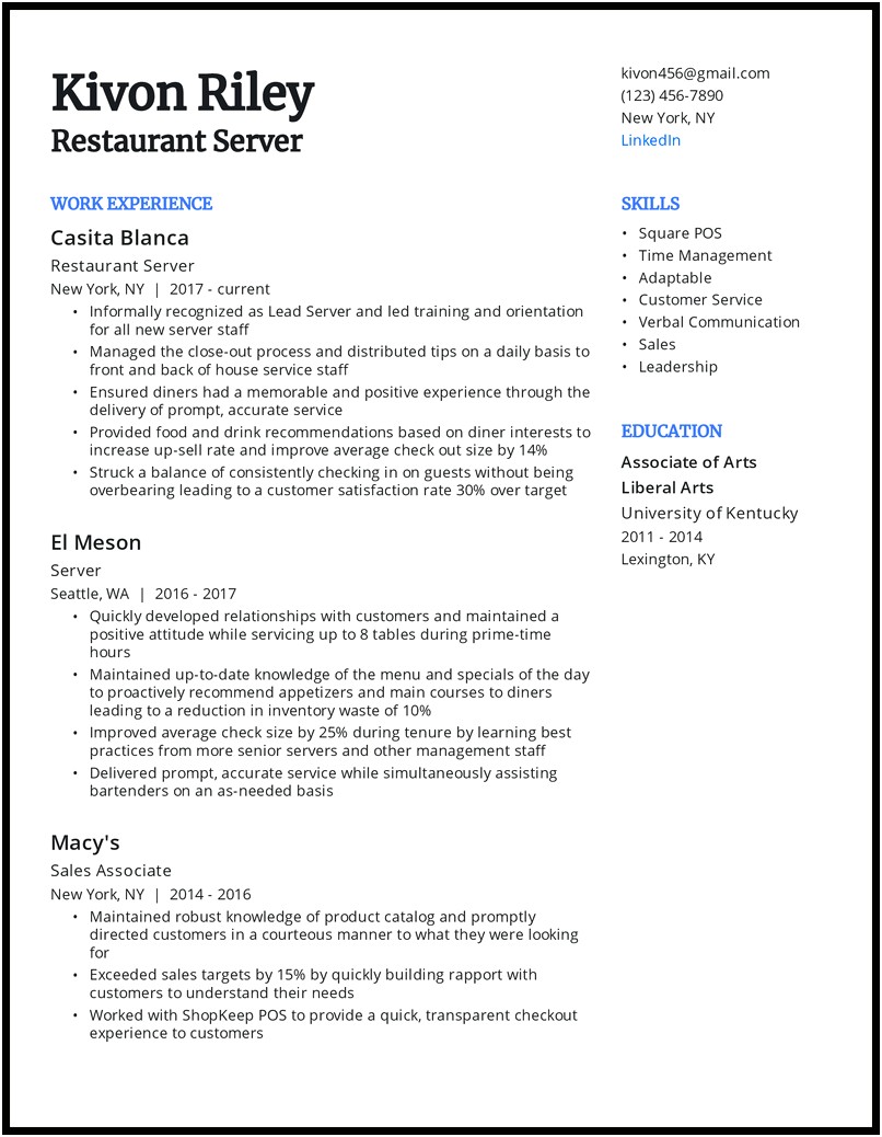 Sample Restaurant Server Resume Objective