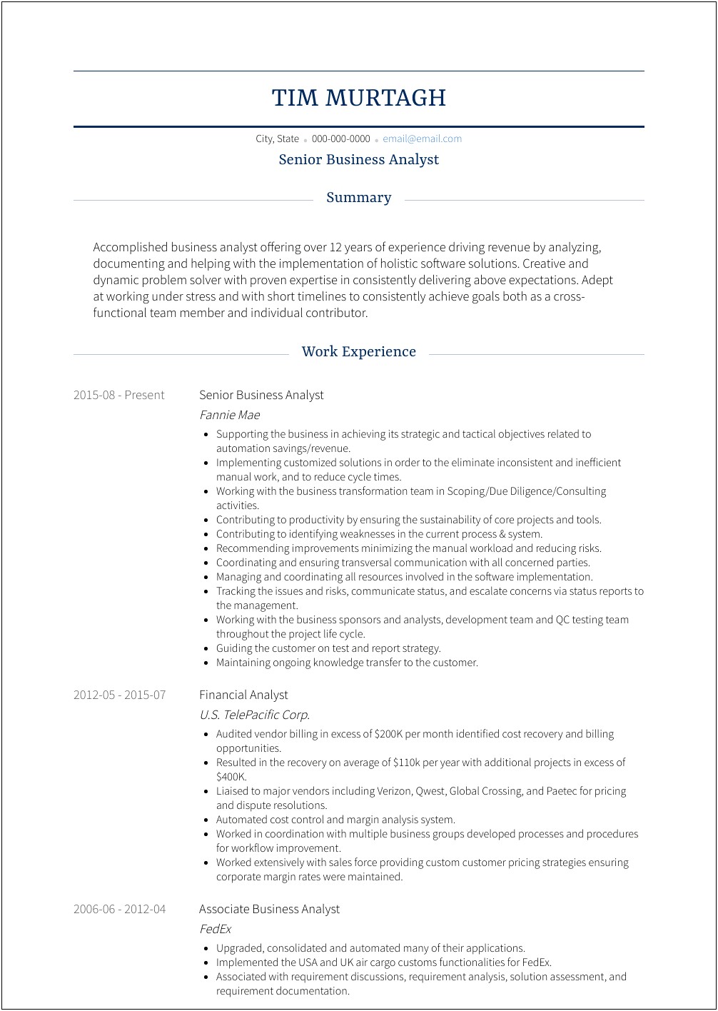 Sample Resume 1 Year Experience Businene Analyst
