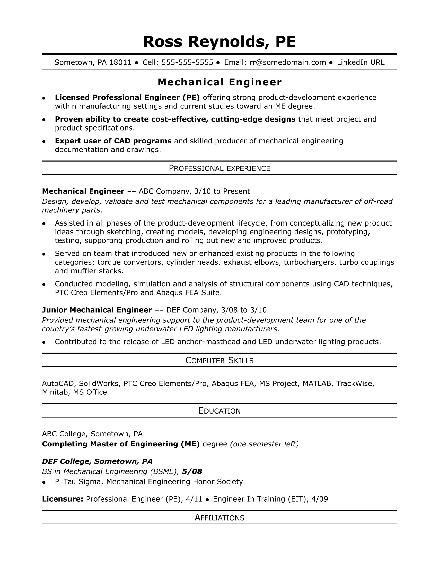 Sample Resume 1 Year Experienced Engineer