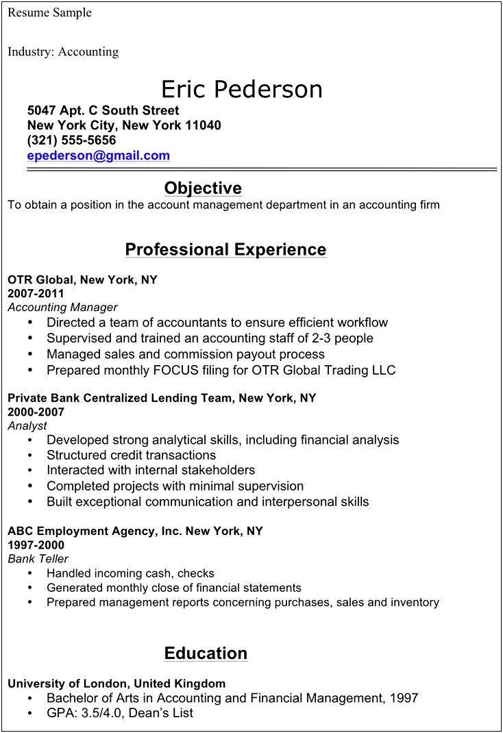 Sample Resume Accounting And Finance