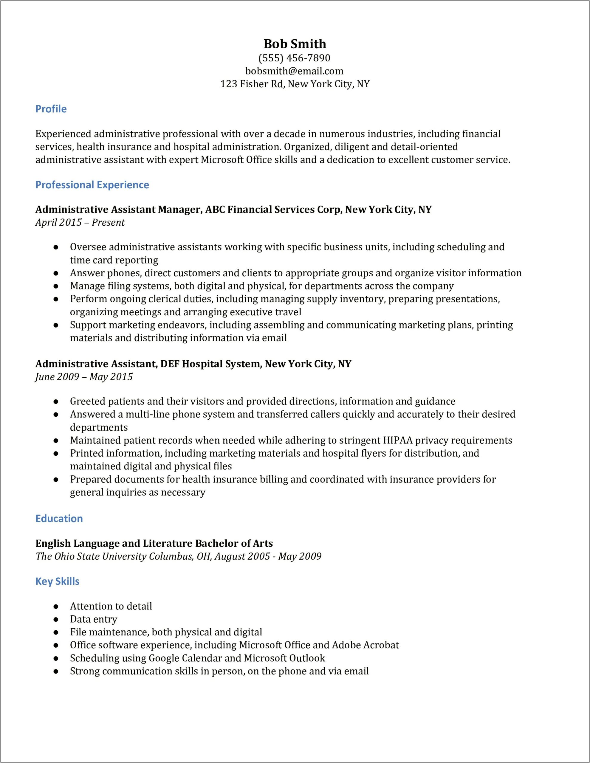 Sample Resume Administrative Assistant Hospital