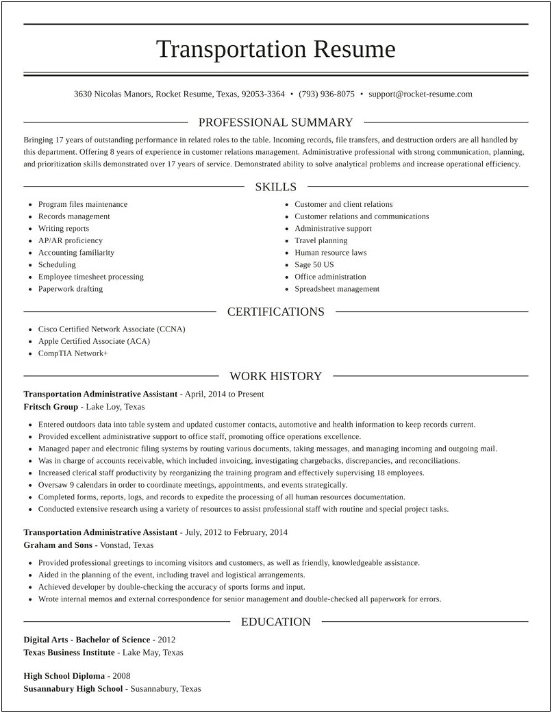 Sample Resume Administrative Assistant Transportation