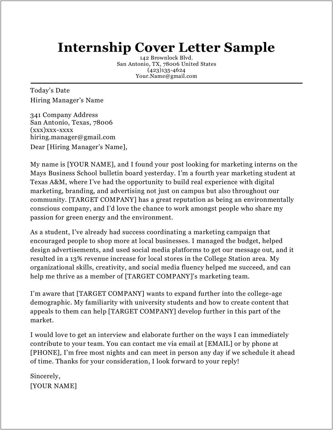 Sample Resume And Cover Letter For Internship