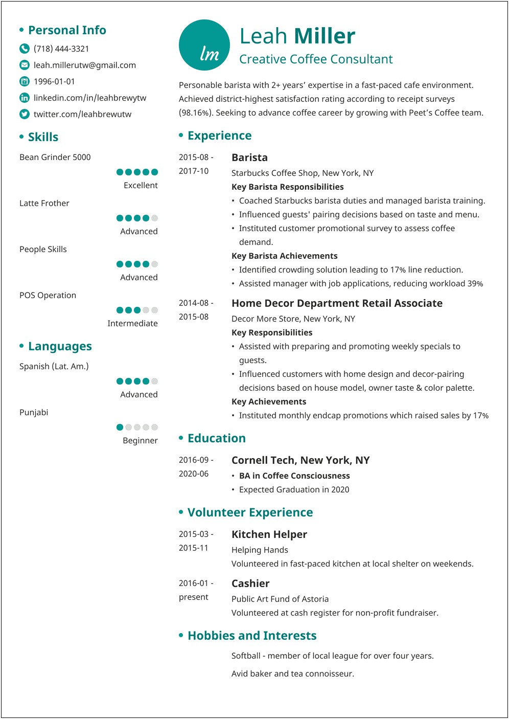 Sample Resume Applying For Starbucks