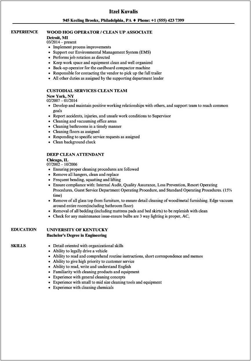 Sample Resume As A Cleaner