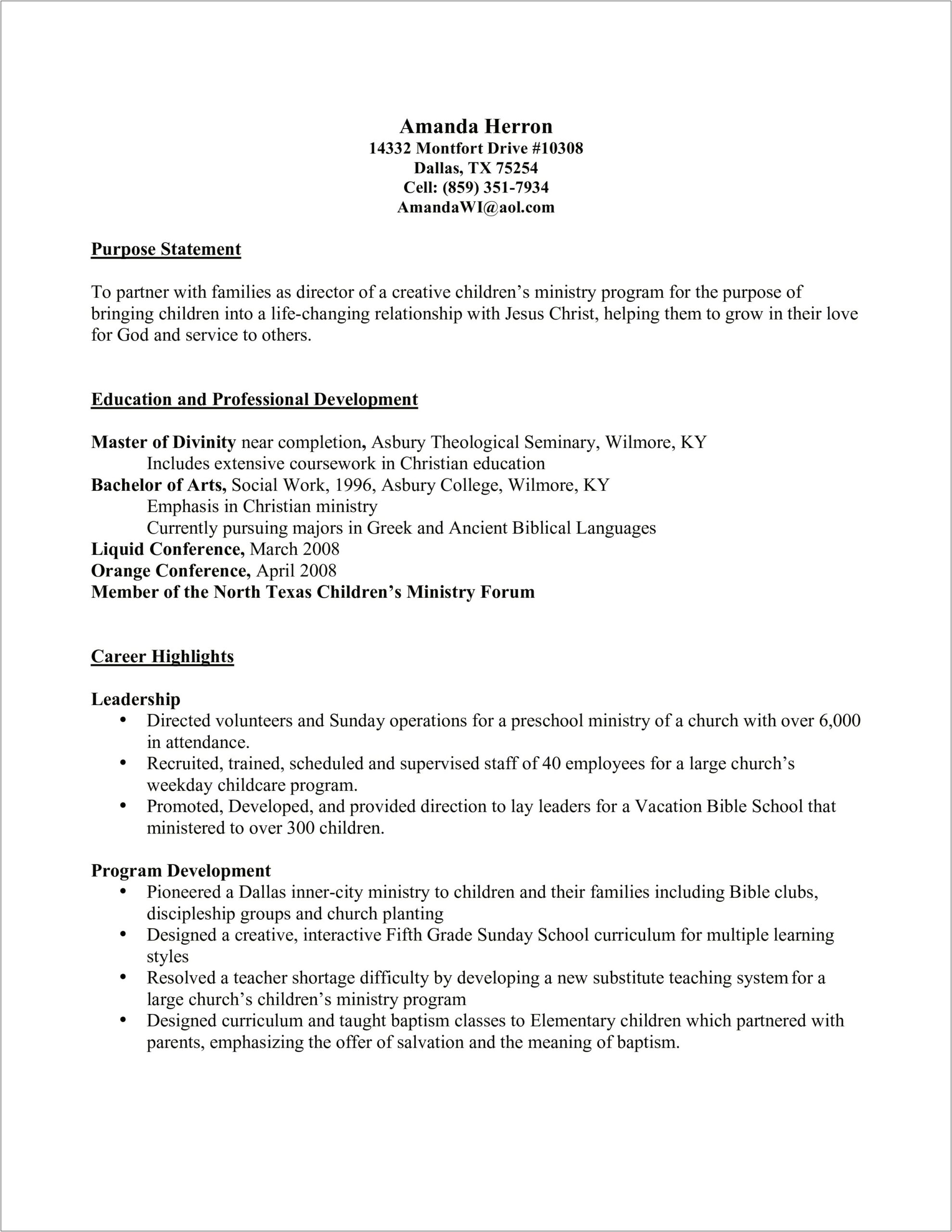 Sample Resume Assistant Director Day Care