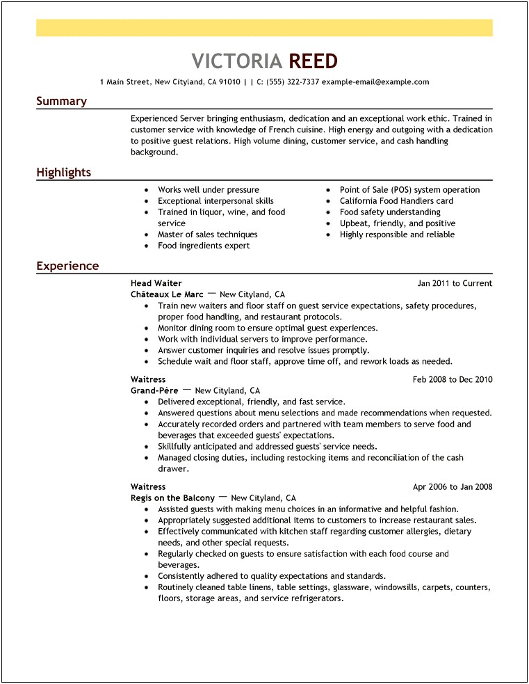 Sample Resume Assistant Restaurant Manager