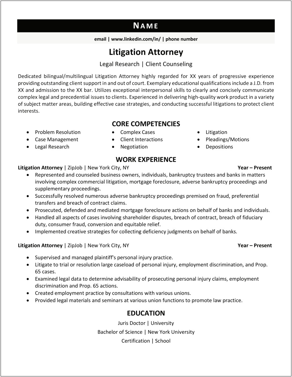 Sample Resume Attorney Dependancy Court