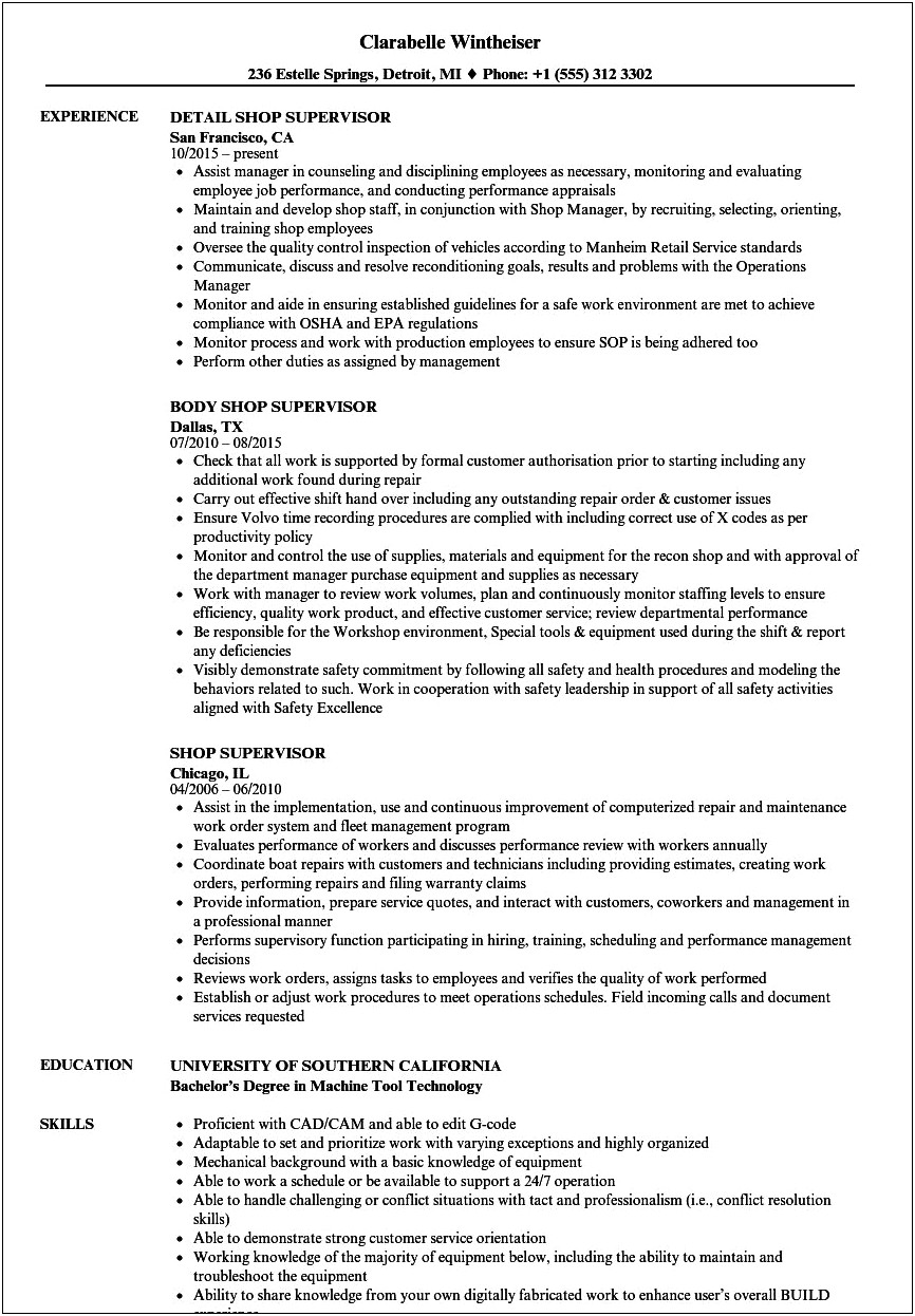 Sample Resume Auto Body Shop Manager