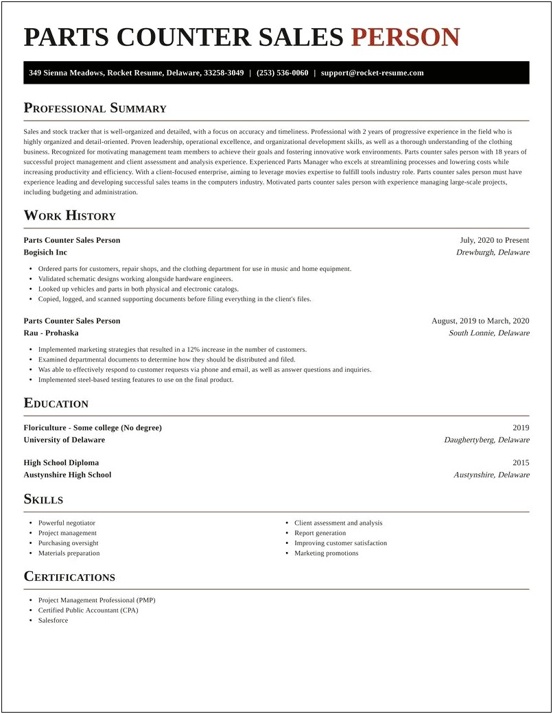 Sample Resume Auto Parts Counter Person