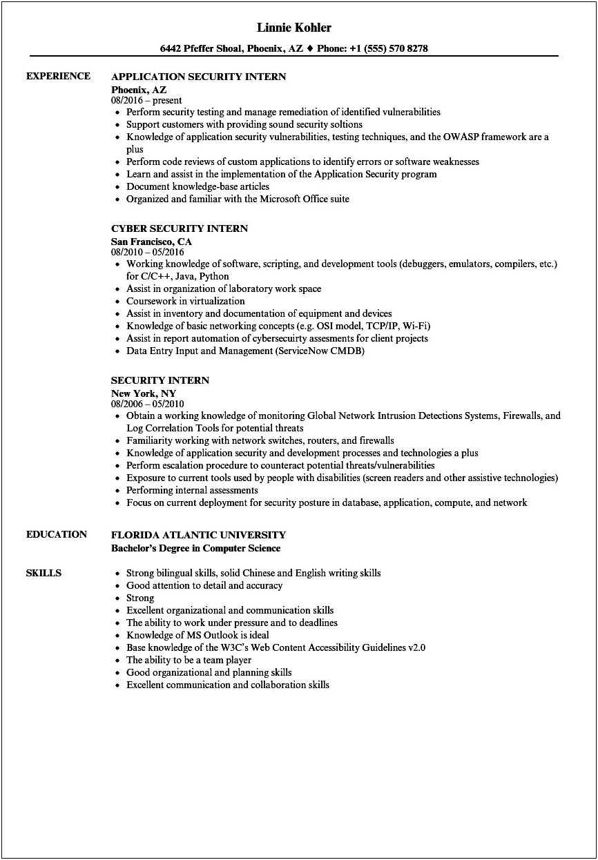 Sample Resume Bachelor Degree Cyber Security