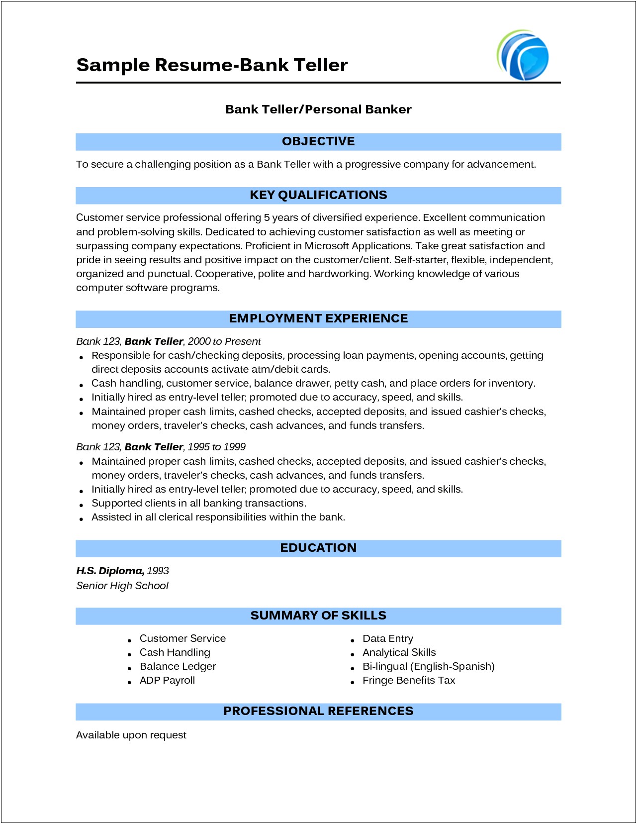 Sample Resume Bank Job Fresher