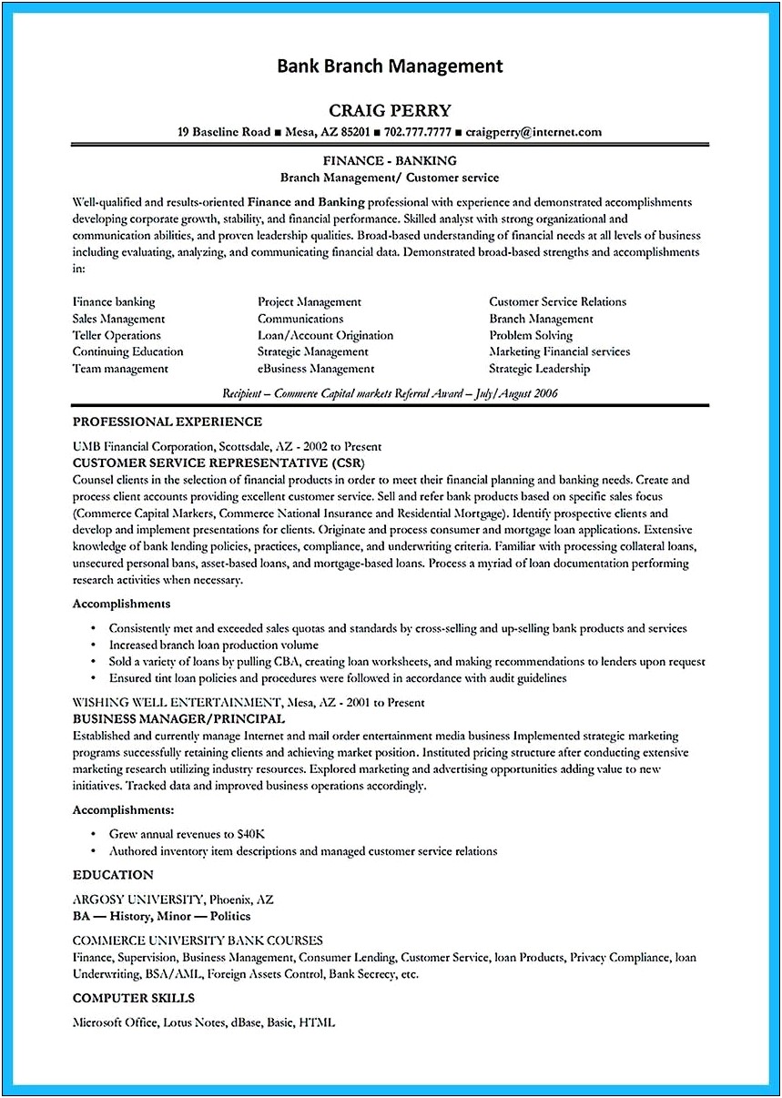 Sample Resume Banking And Finance