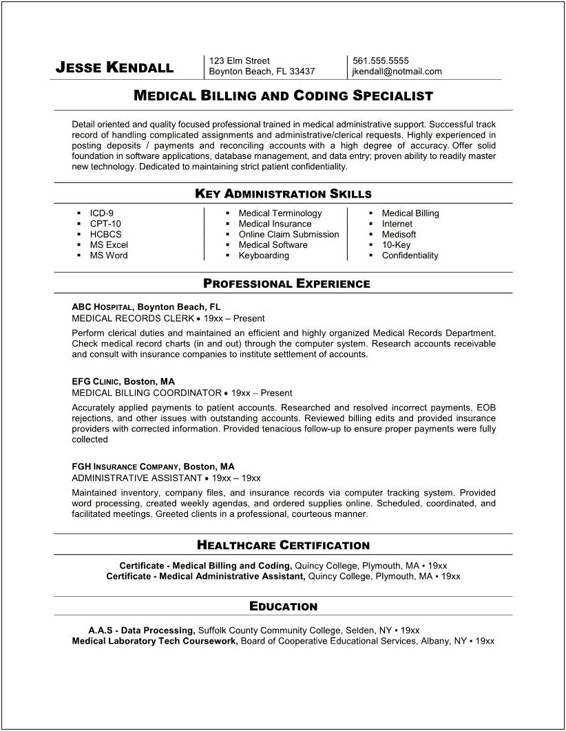 Sample Resume Billing And Coding