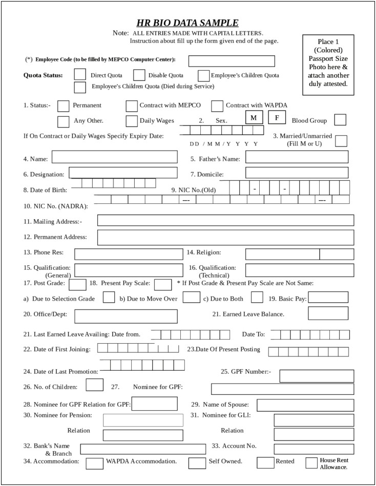 Sample Resume Bio Data Form