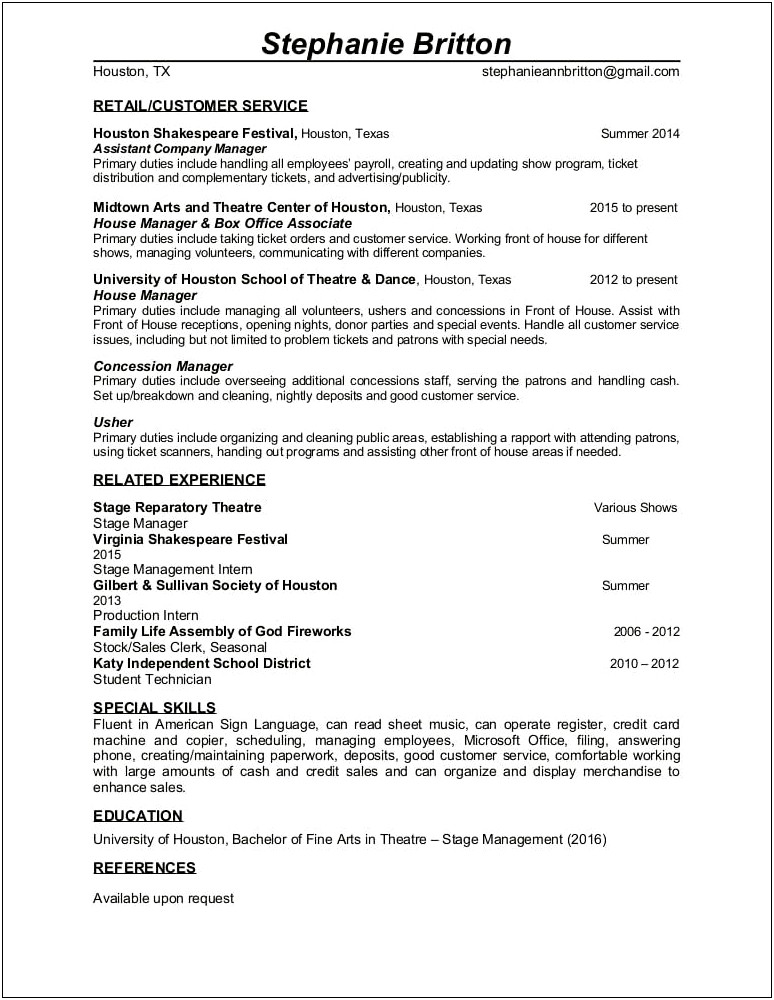 Sample Resume Box Office Manager