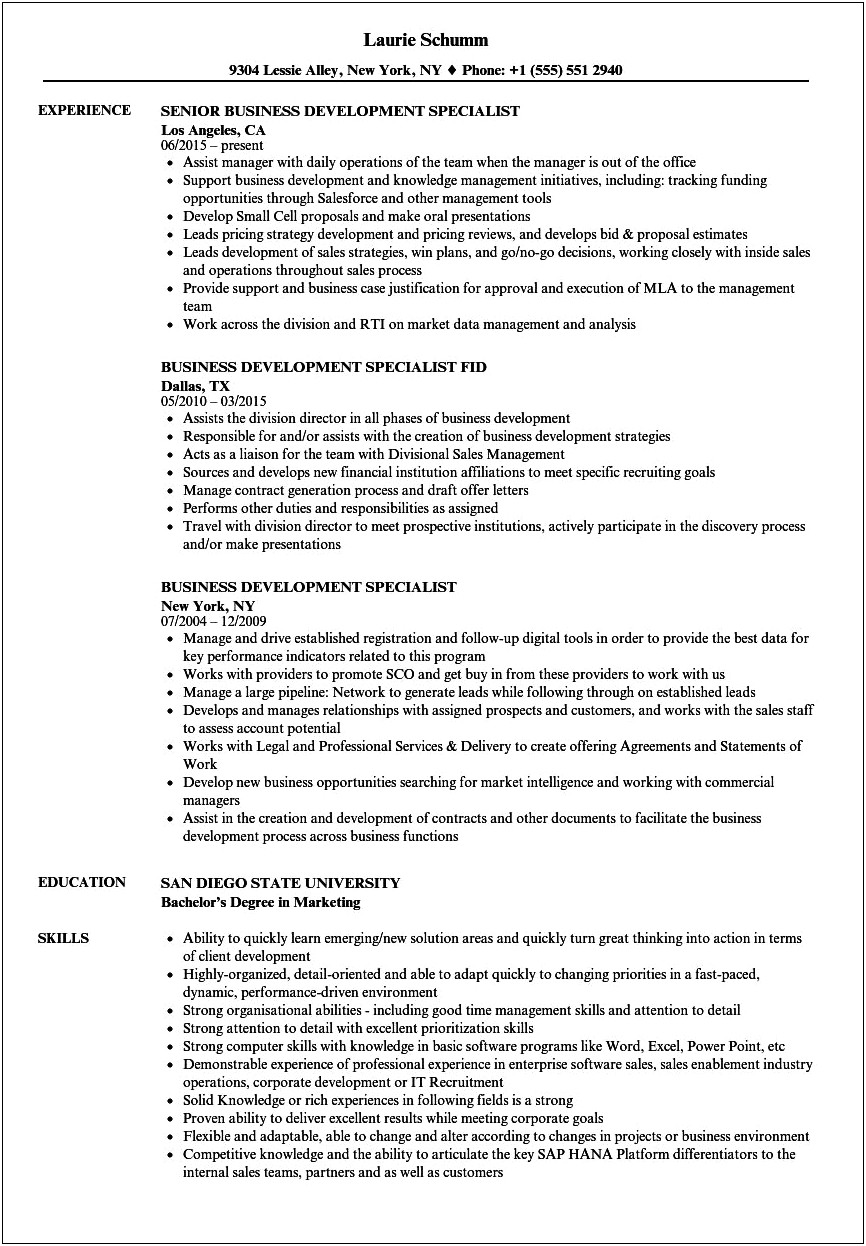 Sample Resume Business Development Specialist