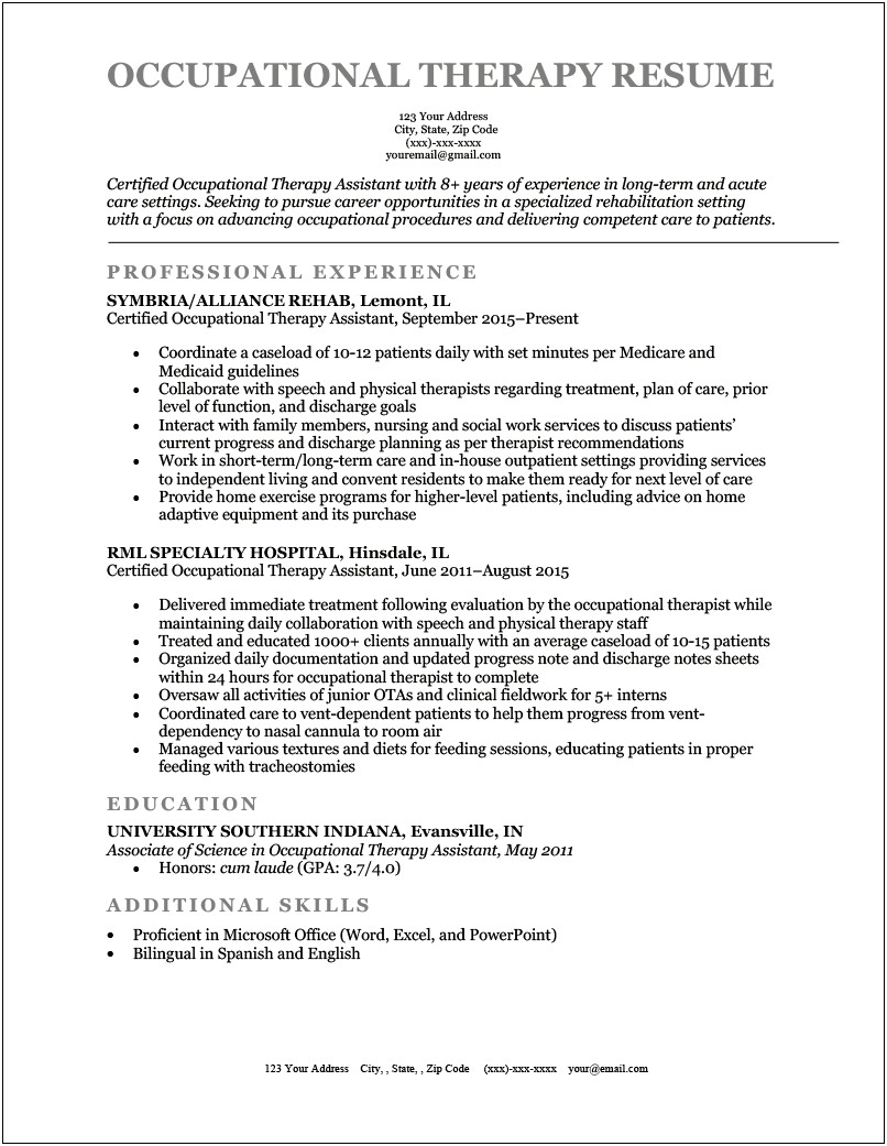 Sample Resume Certified Occupational Therapy Assistant