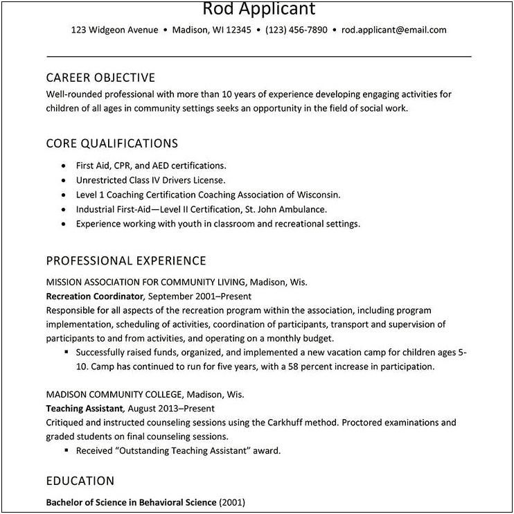 Sample Resume Child Care Assistant Position