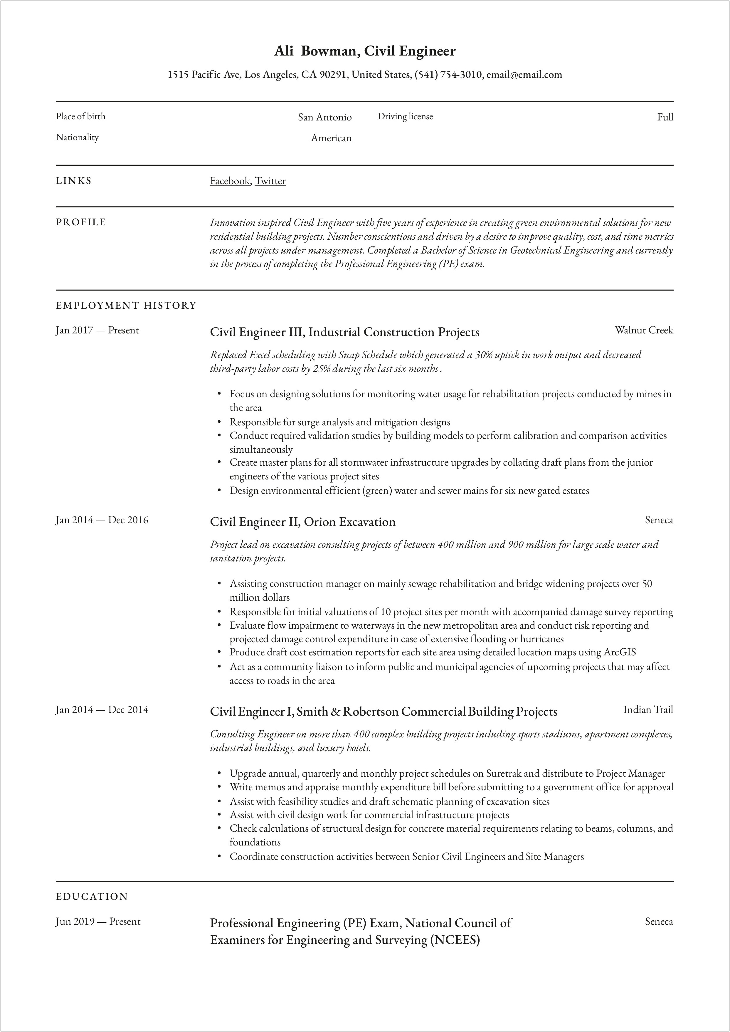 Sample Resume Civil Engineering Jobs