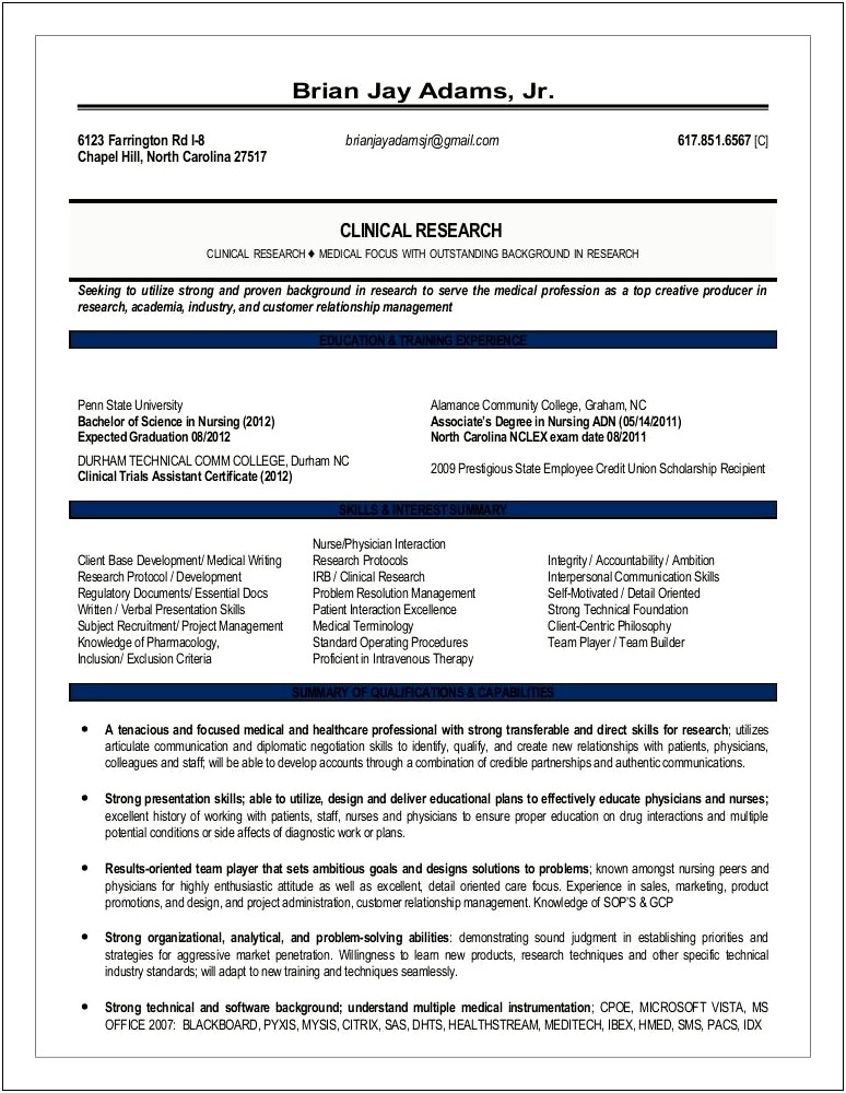 Sample Resume Clinical Research Project Manager