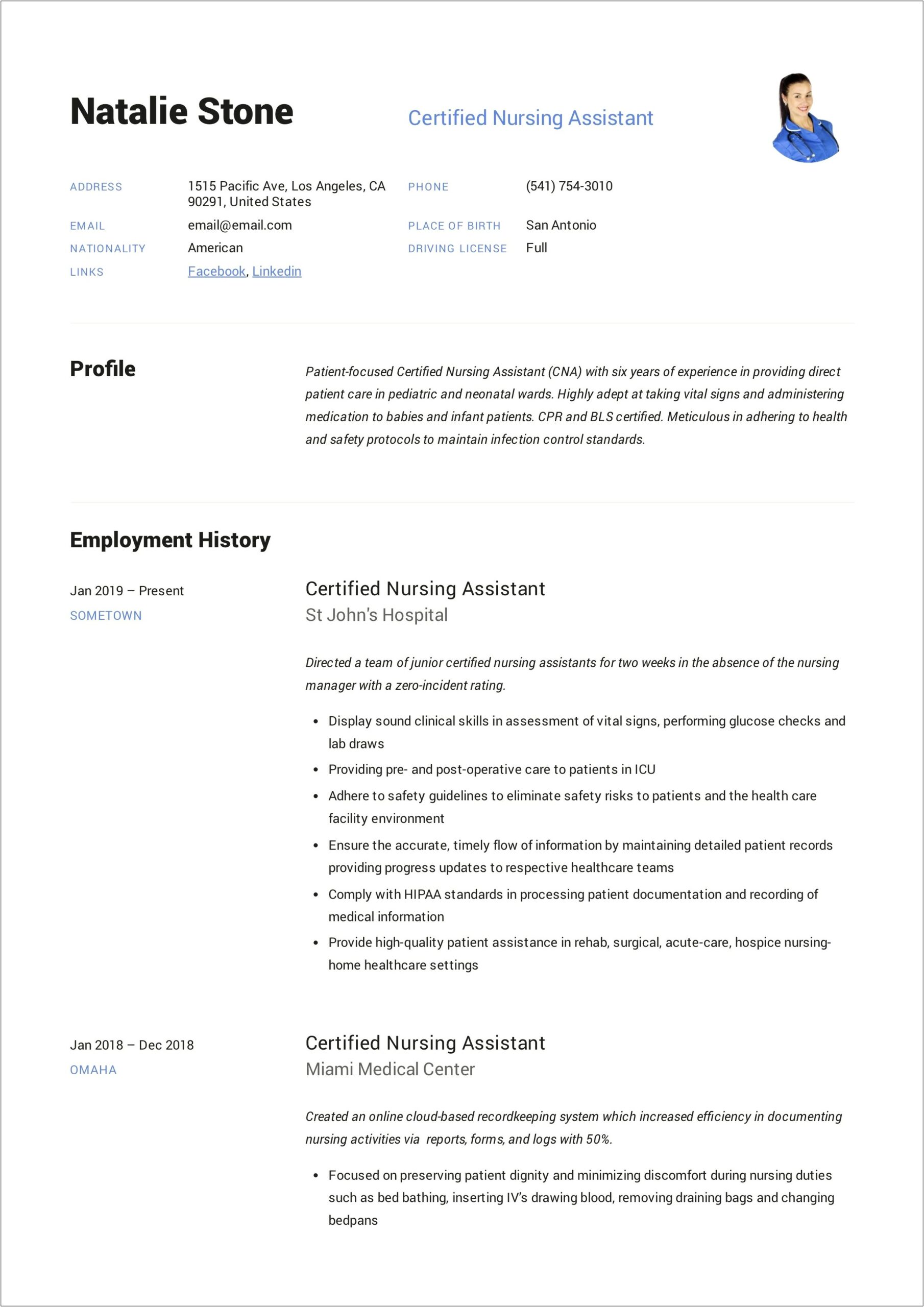 Sample Resume Cna Entry Level