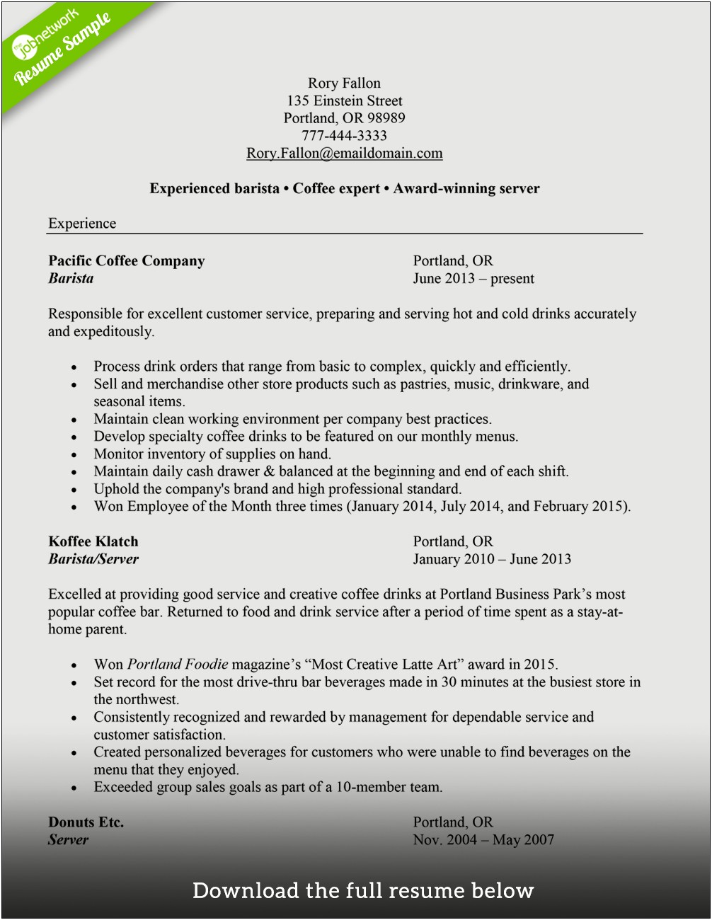 Sample Resume Coffee Shop Manager