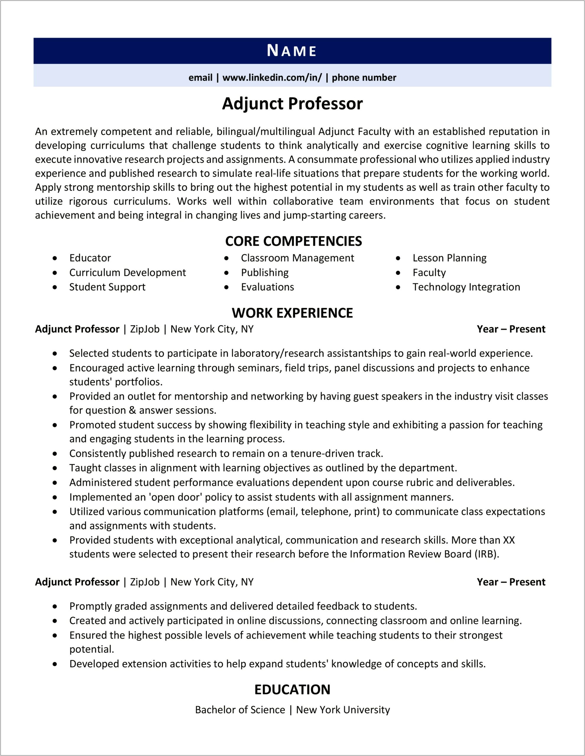 Sample Resume College Professor Position