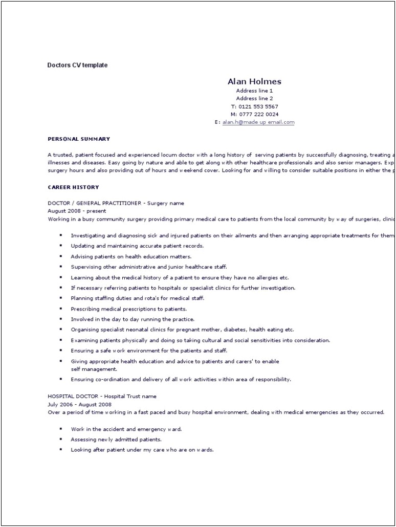 Sample Resume Community Clinic Physician