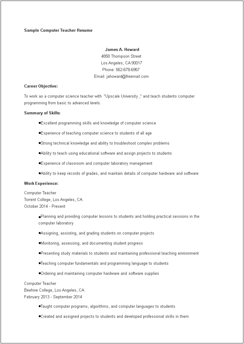 Sample Resume Computer Lab Instructor
