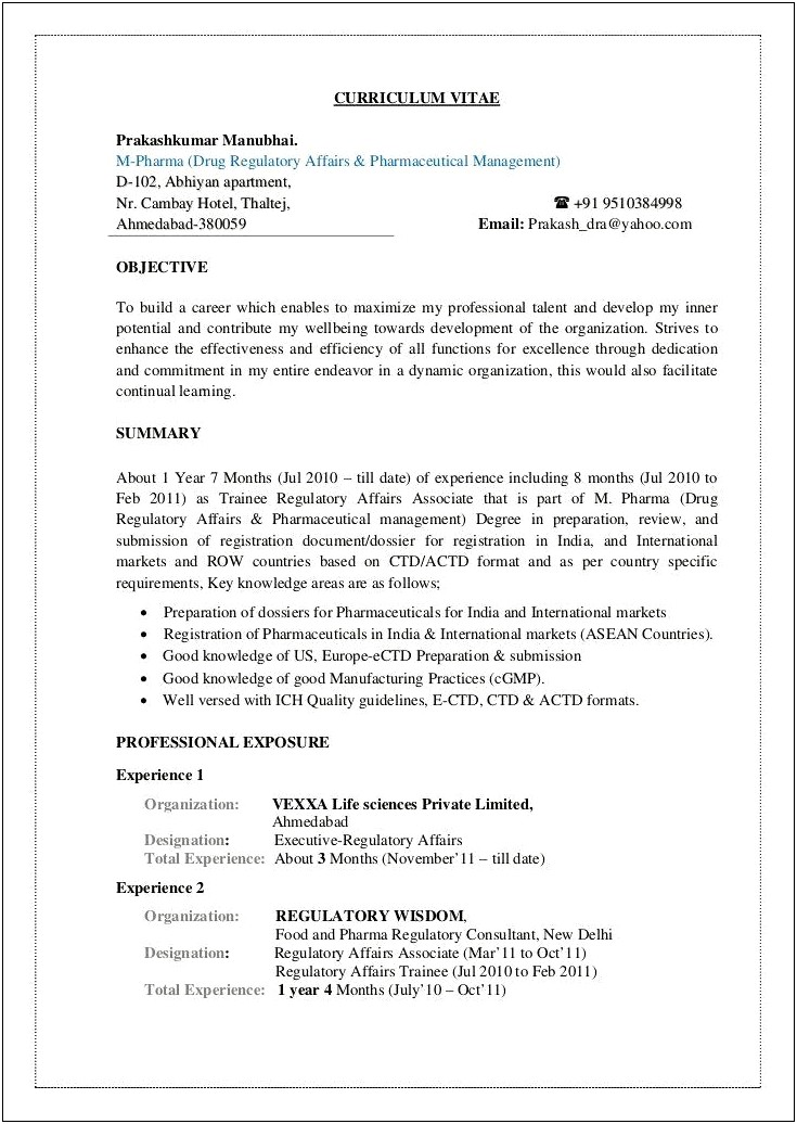 Sample Resume Consultant Life Science Freshers
