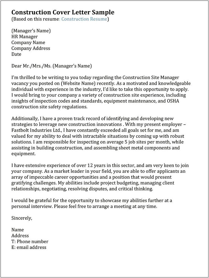 Sample Resume Cover Letter For Construction Manager