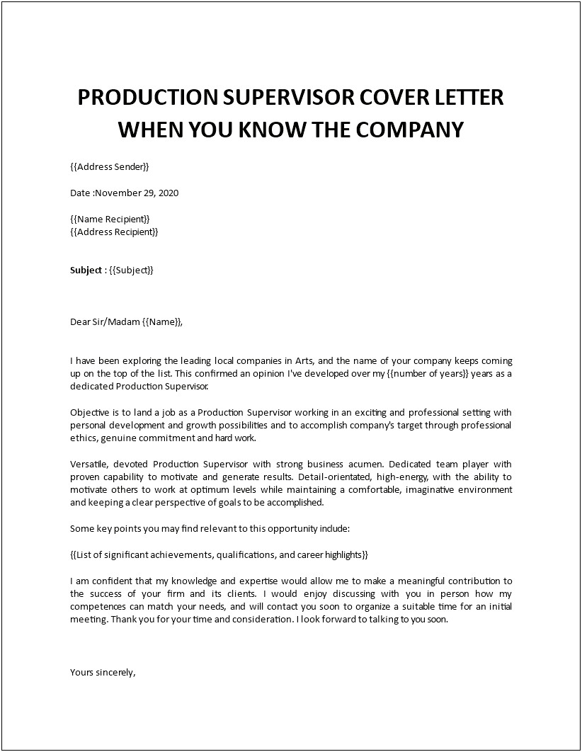Sample Resume Cover Letter For Supervisor Position