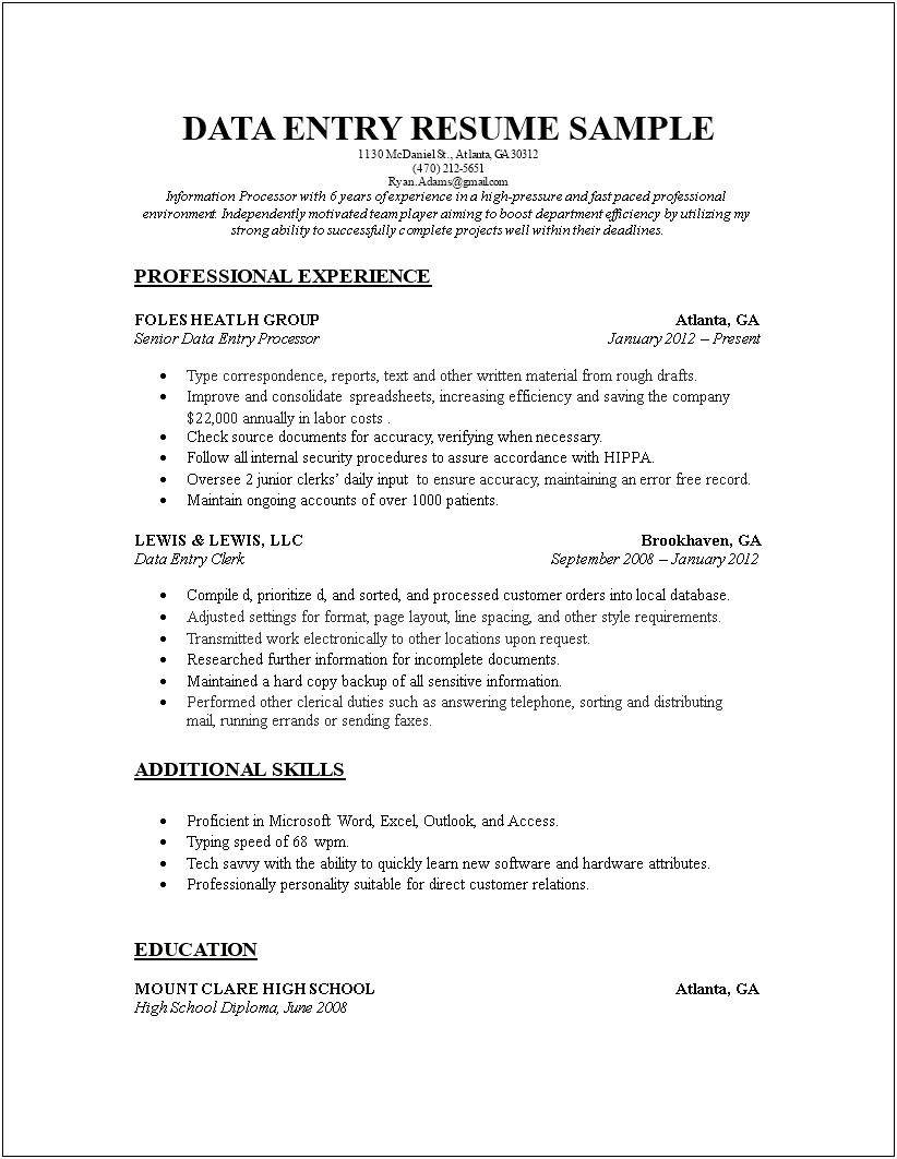 Sample Resume Data Entry Assistant
