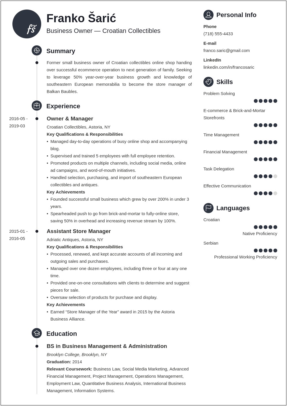 Sample Resume Description Of A Retail Business Owner
