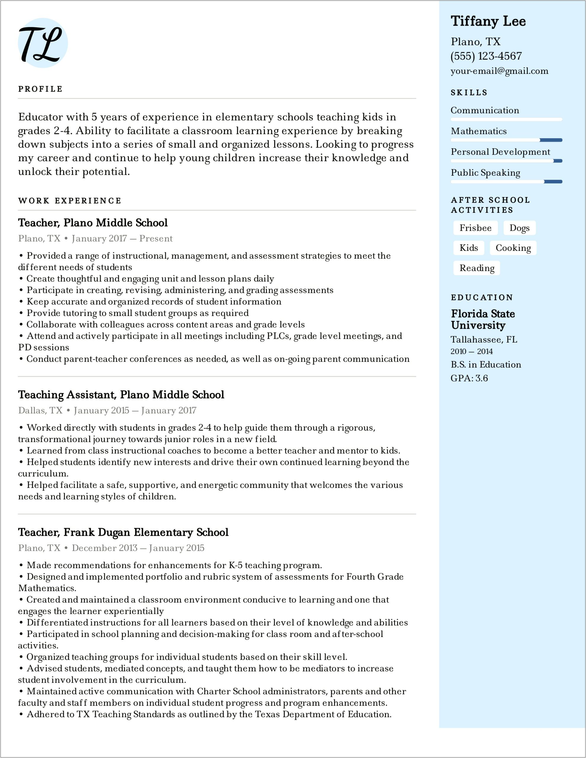 Sample Resume Elementary Teaching Position