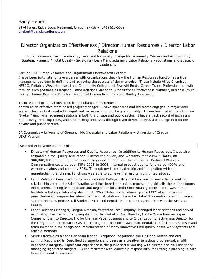 Sample Resume Employee Relations Manager
