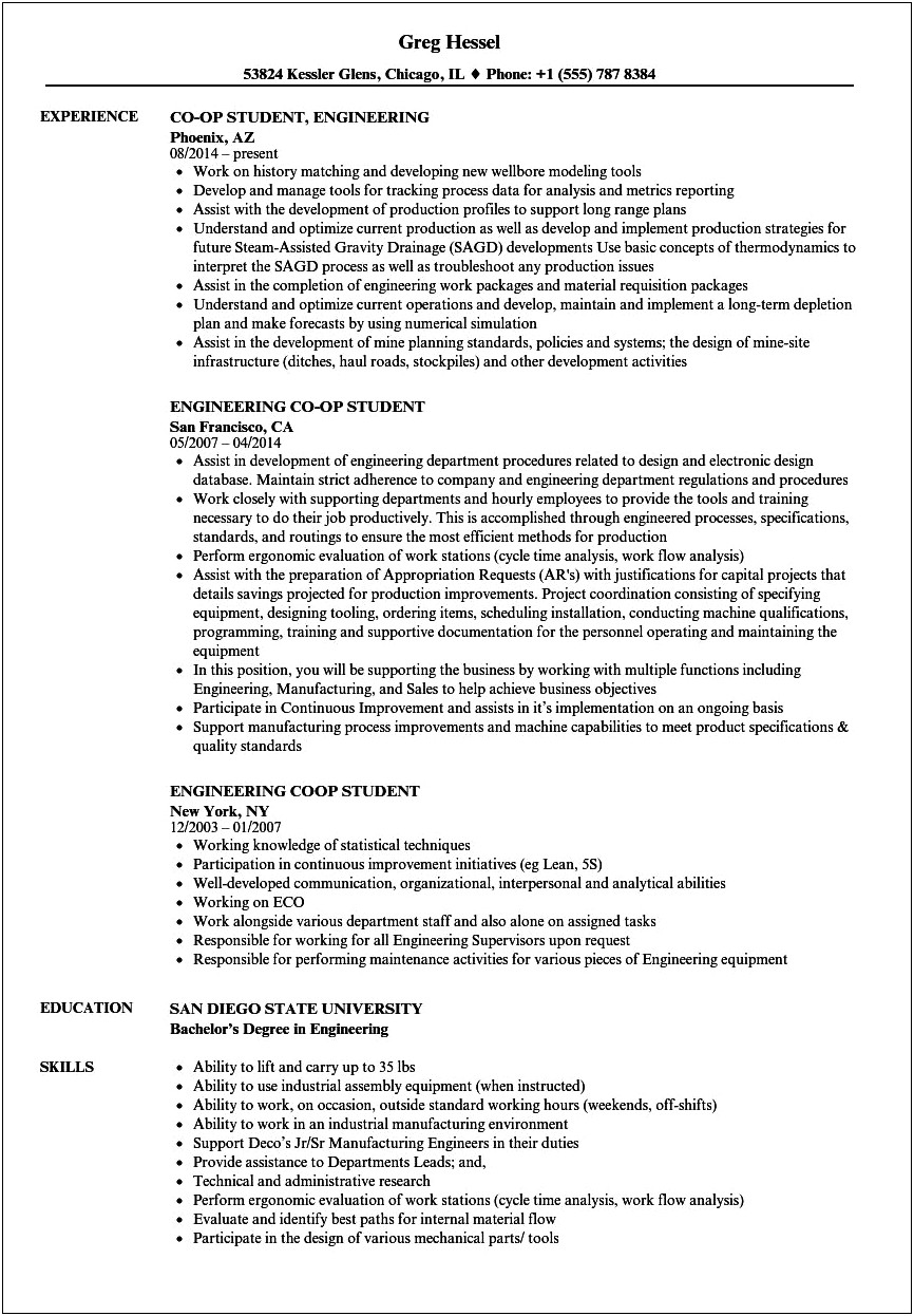 Sample Resume Engineer Out Of College